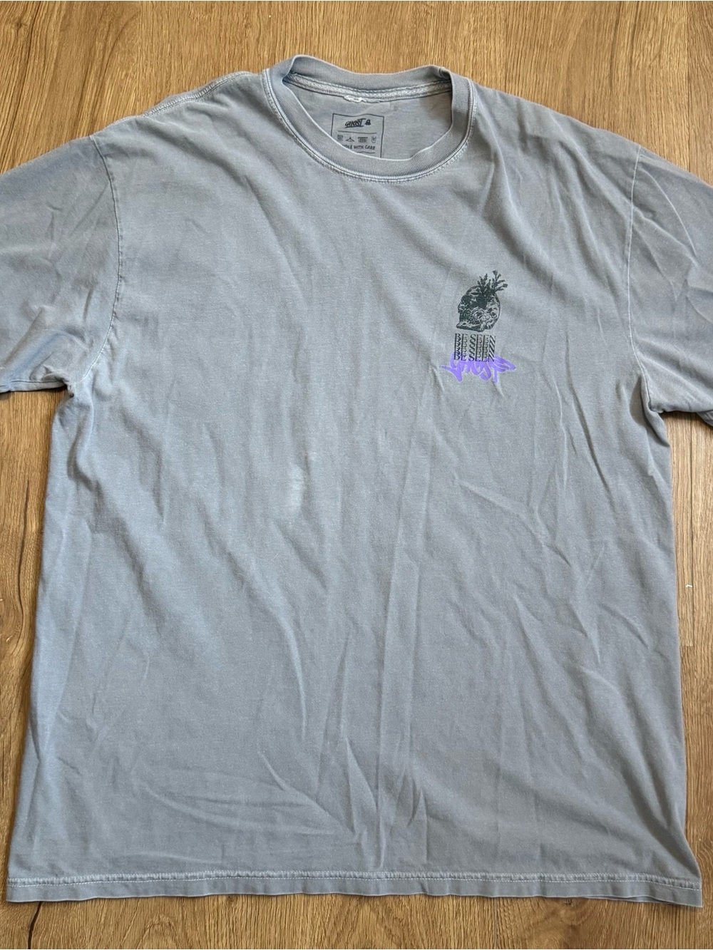 Men's Ghost Be Seen Short-Sleeve Tee with Skull and Flowers Chest Graphic